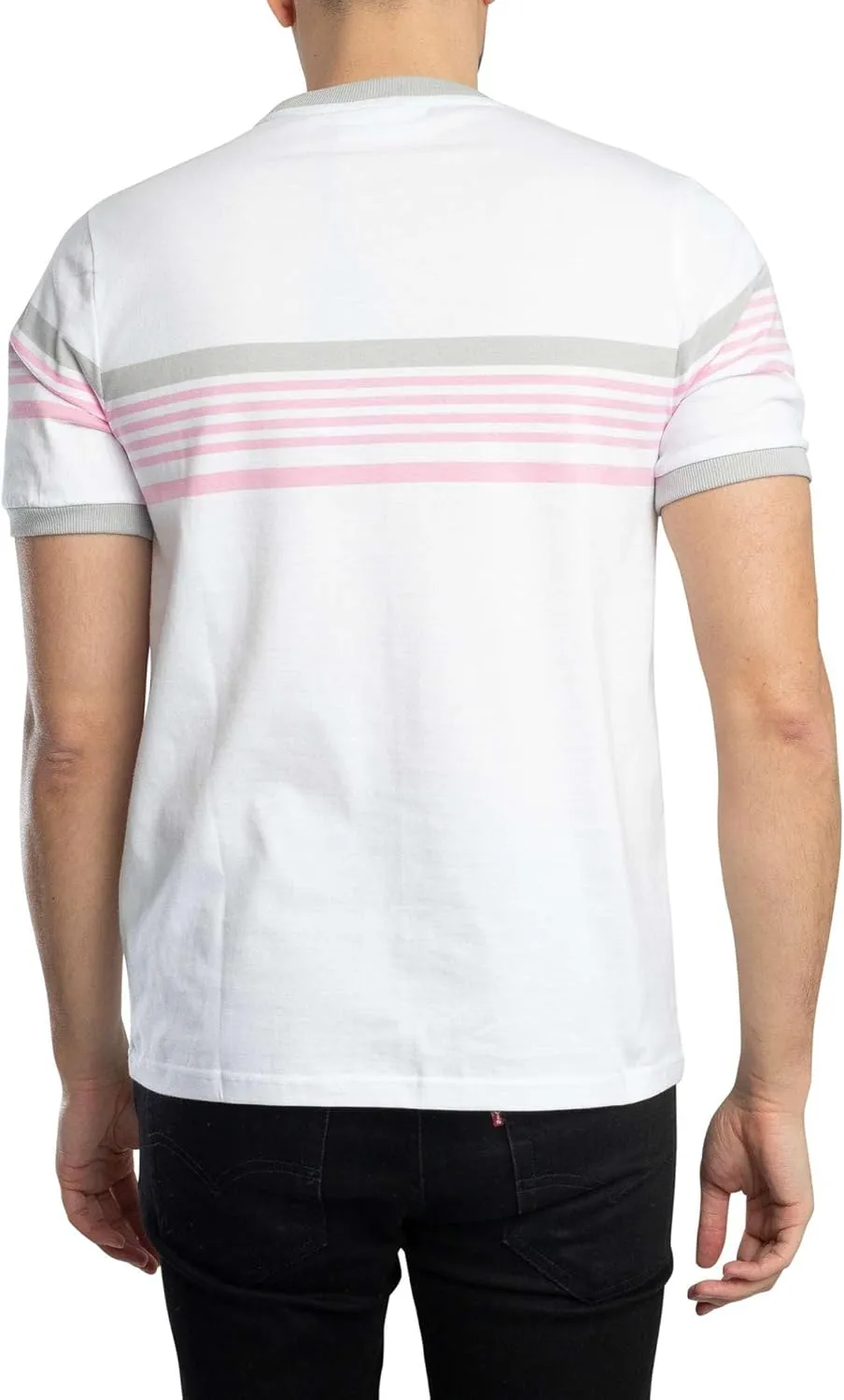 FILA Mens James Yarn Dyed Stripe T-Shirt, White/High Rise/Prism Pink