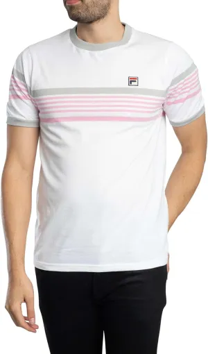 FILA Mens James Yarn Dyed Stripe T-Shirt, White/High Rise/Prism Pink