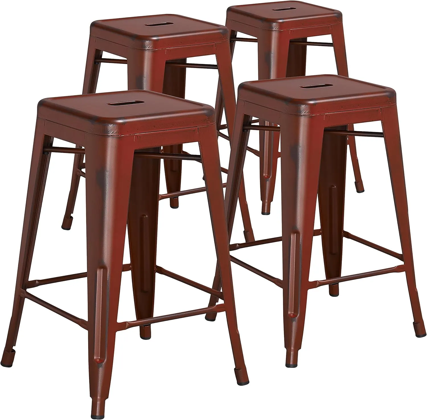 Flash Furniture Kai Commercial Grade 4 Pack 24" High Backless Distressed Kelly Red Metal Indoor-Outdoor Counter Height Stool