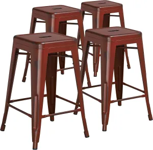 Flash Furniture Kai Commercial Grade 4 Pack 24" High Backless Distressed Kelly Red Metal Indoor-Outdoor Counter Height Stool
