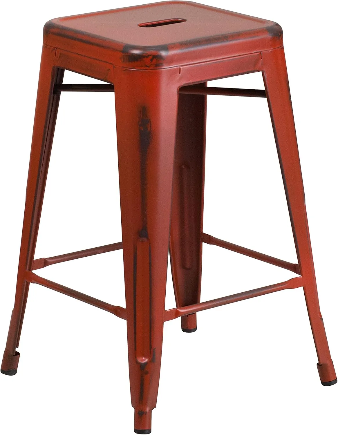 Flash Furniture Kai Commercial Grade 4 Pack 24" High Backless Distressed Kelly Red Metal Indoor-Outdoor Counter Height Stool
