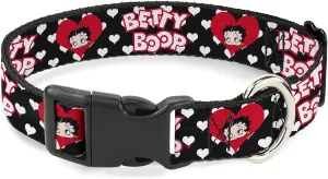 Fleischer Studios, Inc. Pet Collar, Dog Collar Plastic Buckle, Betty Boop Face and Text Hearts Black White Red, 11 to 16.5 Inches 1.0 Inch Wide