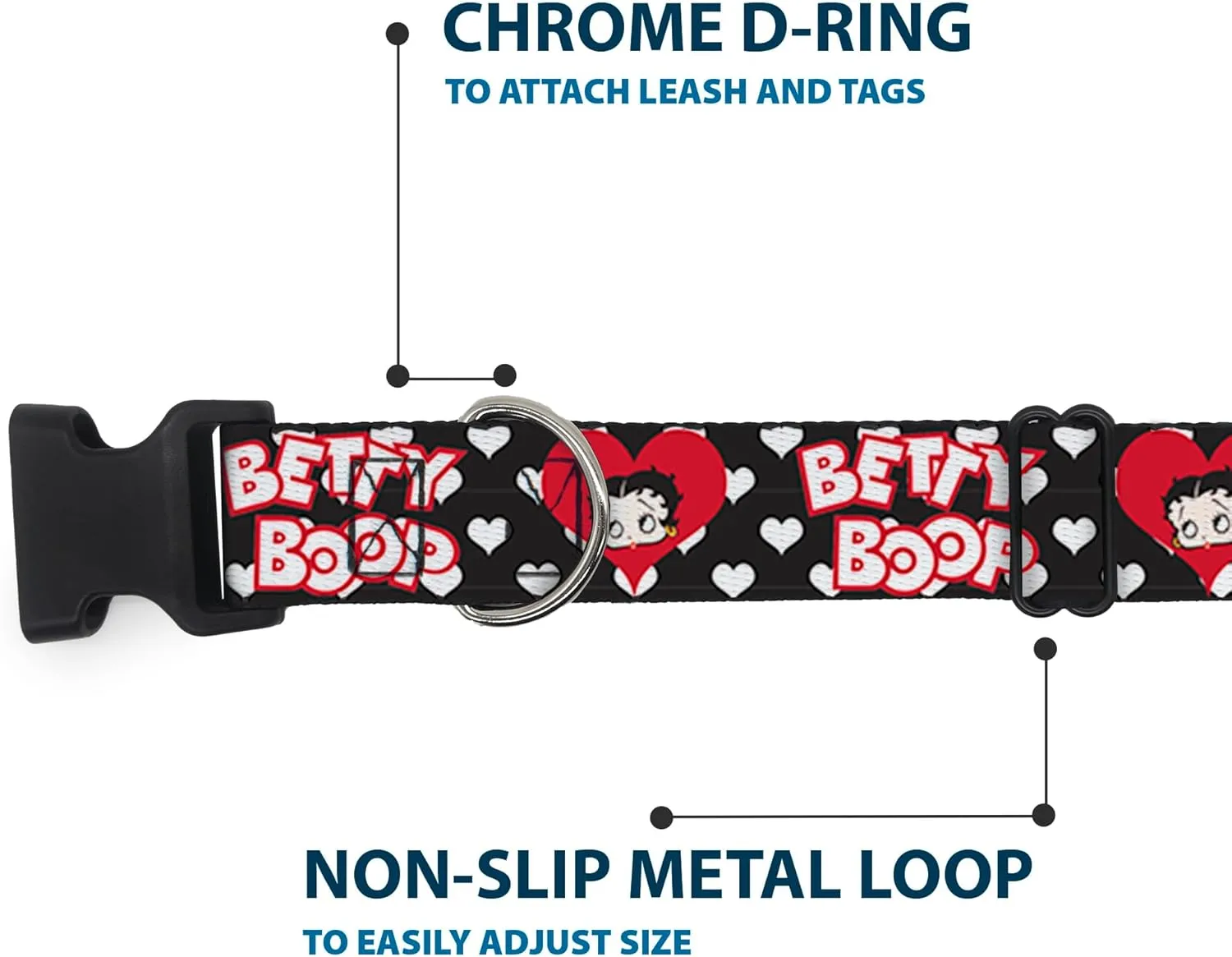 Fleischer Studios, Inc. Pet Collar, Dog Collar Plastic Buckle, Betty Boop Face and Text Hearts Black White Red, 11 to 16.5 Inches 1.0 Inch Wide