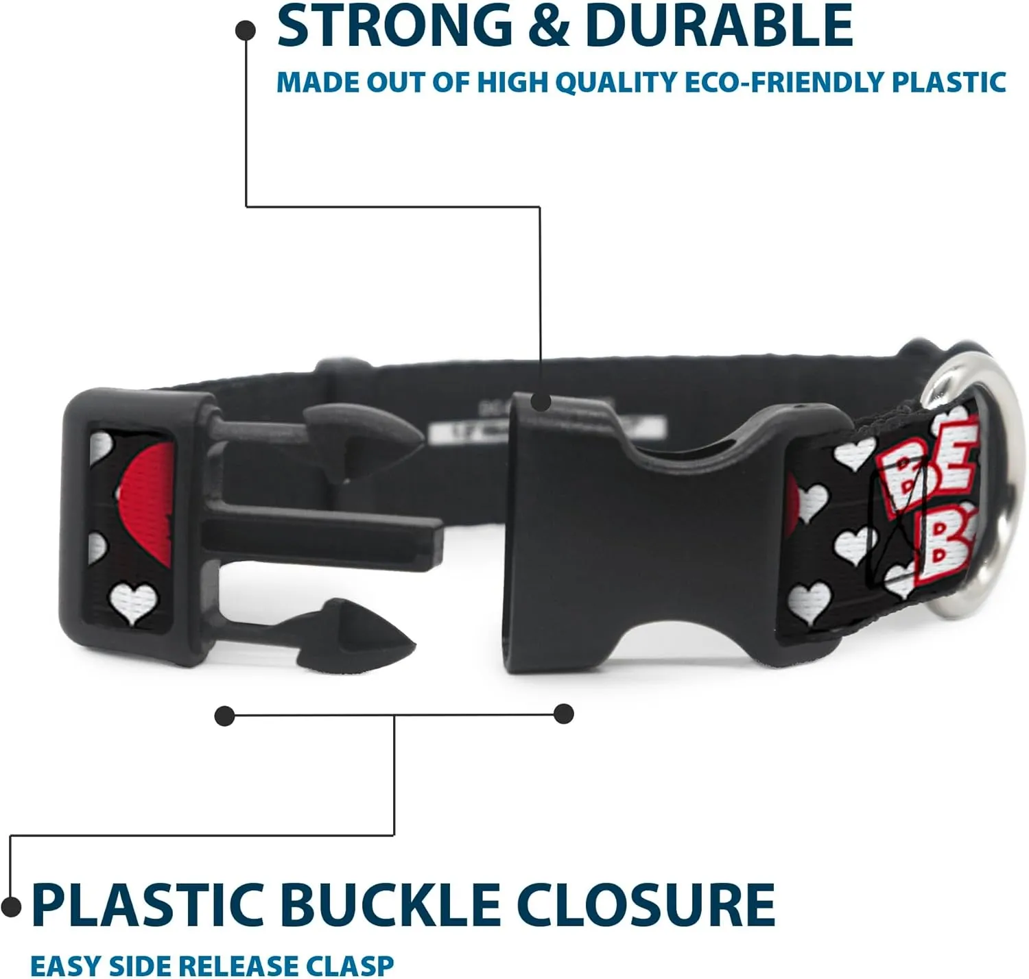 Fleischer Studios, Inc. Pet Collar, Dog Collar Plastic Buckle, Betty Boop Face and Text Hearts Black White Red, 11 to 16.5 Inches 1.0 Inch Wide