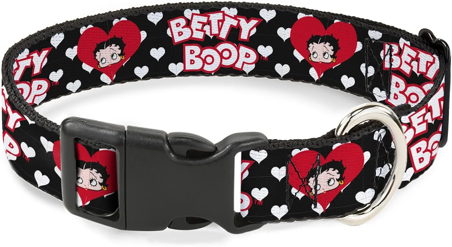 Fleischer Studios, Inc. Pet Collar, Dog Collar Plastic Buckle, Betty Boop Face and Text Hearts Black White Red, 11 to 16.5 Inches 1.0 Inch Wide