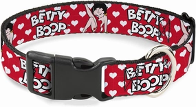Fleischer Studios, Inc. Pet Collar, Dog Collar Plastic Buckle, Betty Boop Seated Leg Kick Pose Text Hearts Red White Black, 11 to 16.5 Inches 1.0 Inch Wide