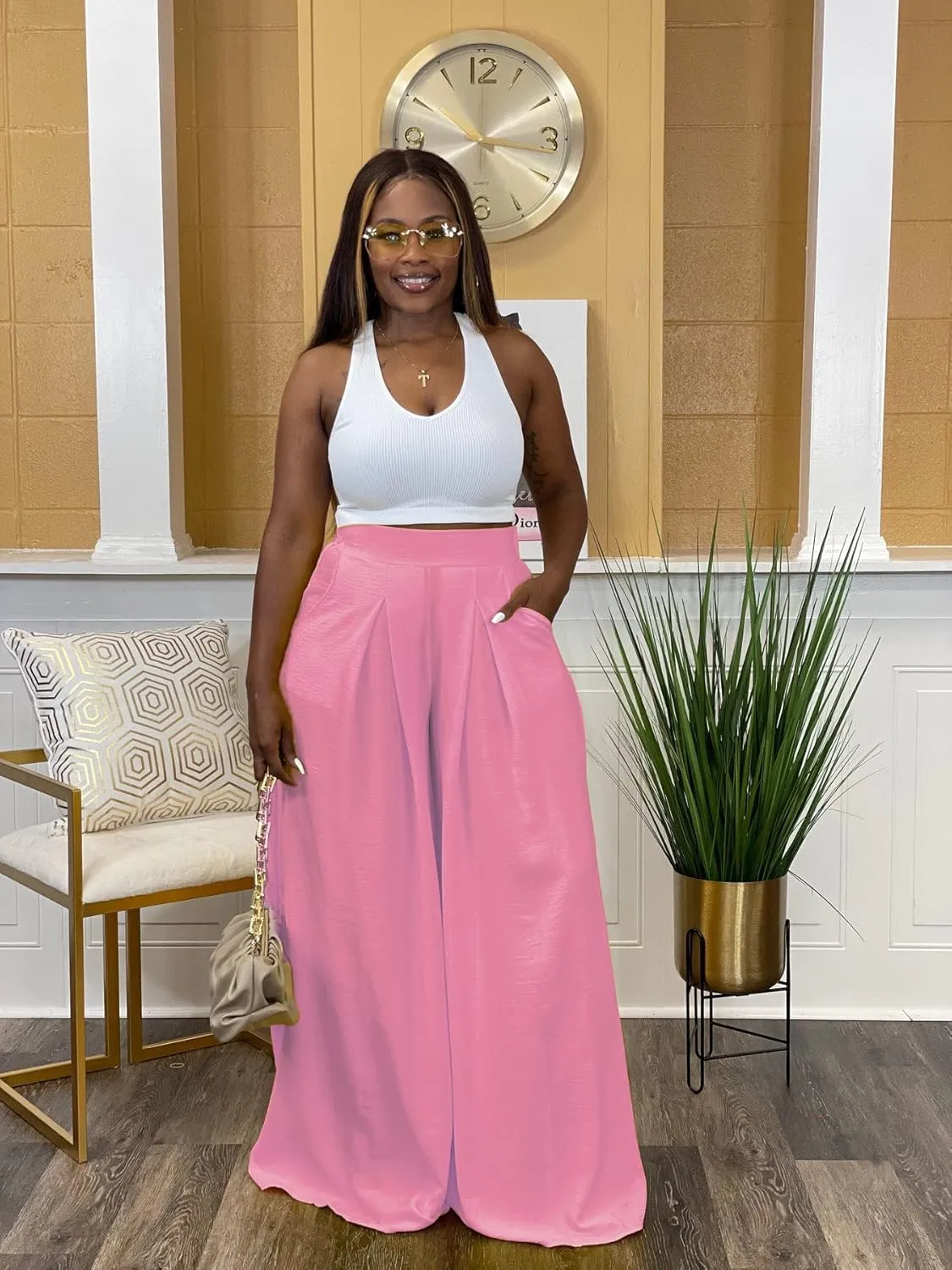 Flowy Pants for Women Casual High Waisted Wide Leg Palazzo Pants Trousers with Pocket Plus Size