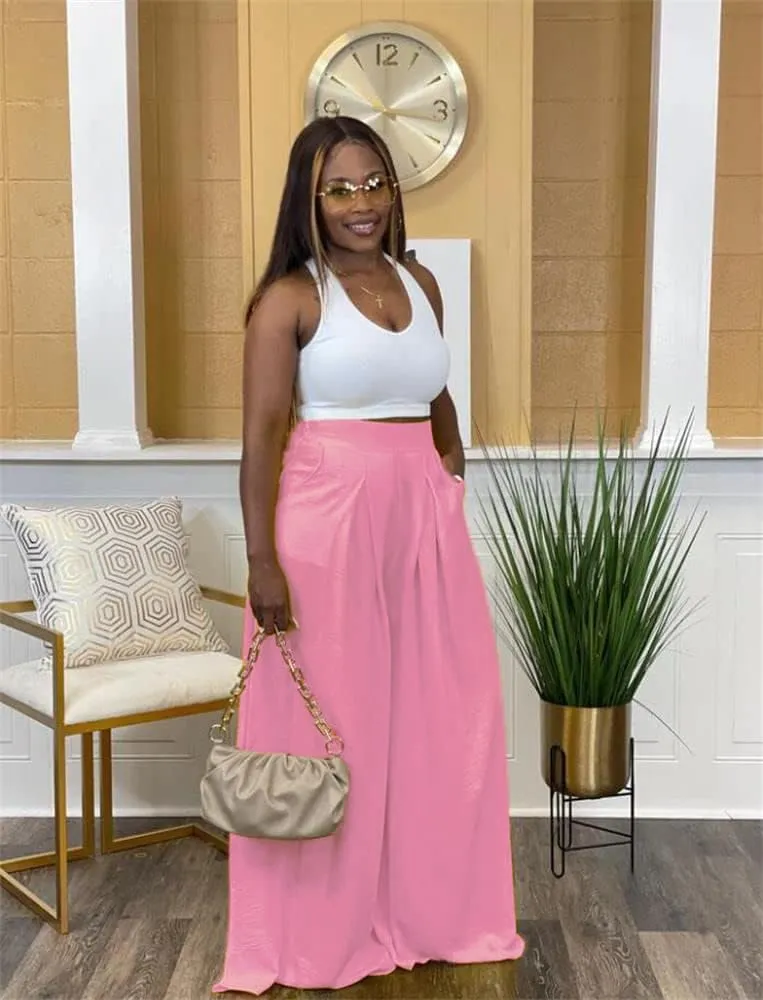 Flowy Pants for Women Casual High Waisted Wide Leg Palazzo Pants Trousers with Pocket Plus Size
