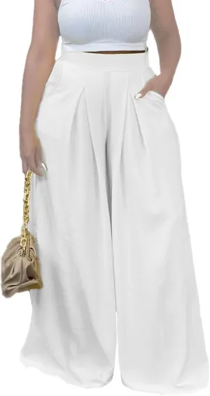 Flowy Pants for Women Casual High Waisted Wide Leg Palazzo Pants Trousers with Pocket Plus Size