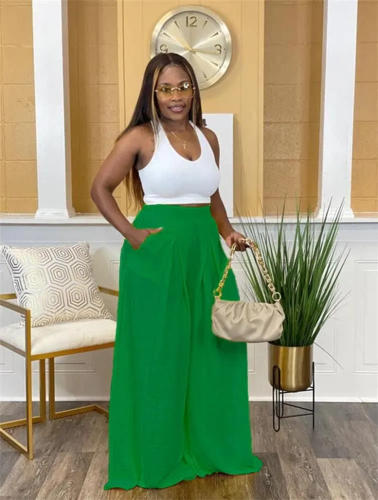 Flowy Pants for Women Casual High Waisted Wide Leg Palazzo Pants Trousers with Pocket Plus Size