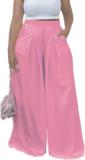 Flowy Pants for Women Casual High Waisted Wide Leg Palazzo Pants Trousers with Pocket Plus Size