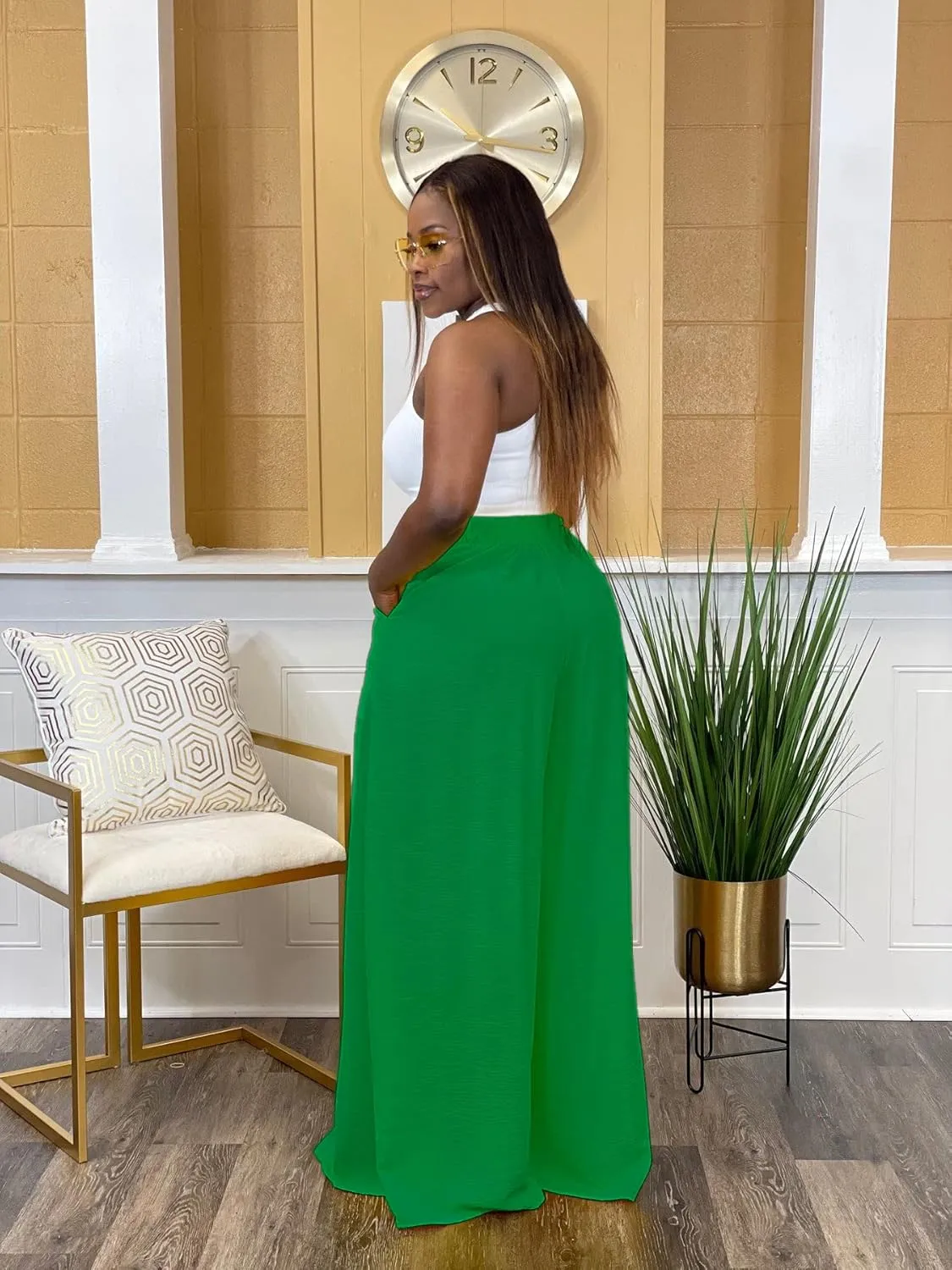 Flowy Pants for Women Casual High Waisted Wide Leg Palazzo Pants Trousers with Pocket Plus Size