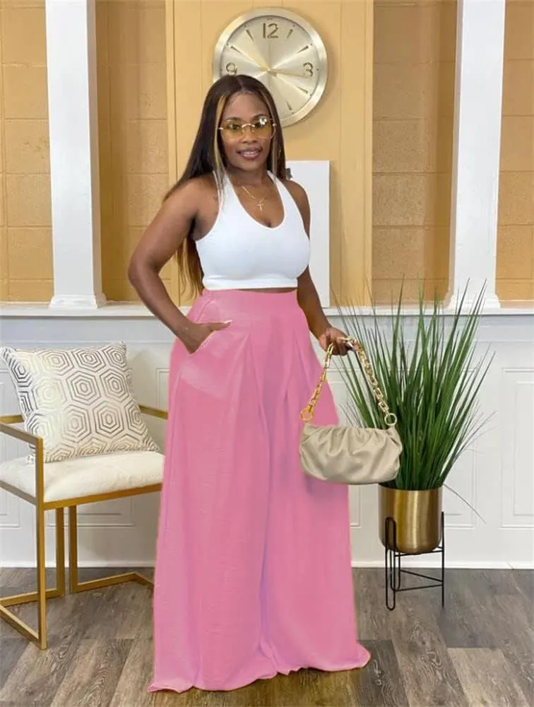 Flowy Pants for Women Casual High Waisted Wide Leg Palazzo Pants Trousers with Pocket Plus Size