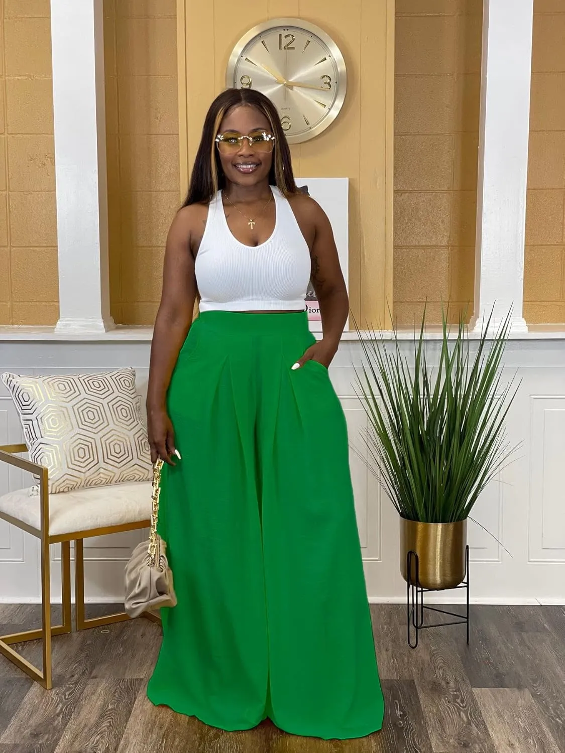 Flowy Pants for Women Casual High Waisted Wide Leg Palazzo Pants Trousers with Pocket Plus Size