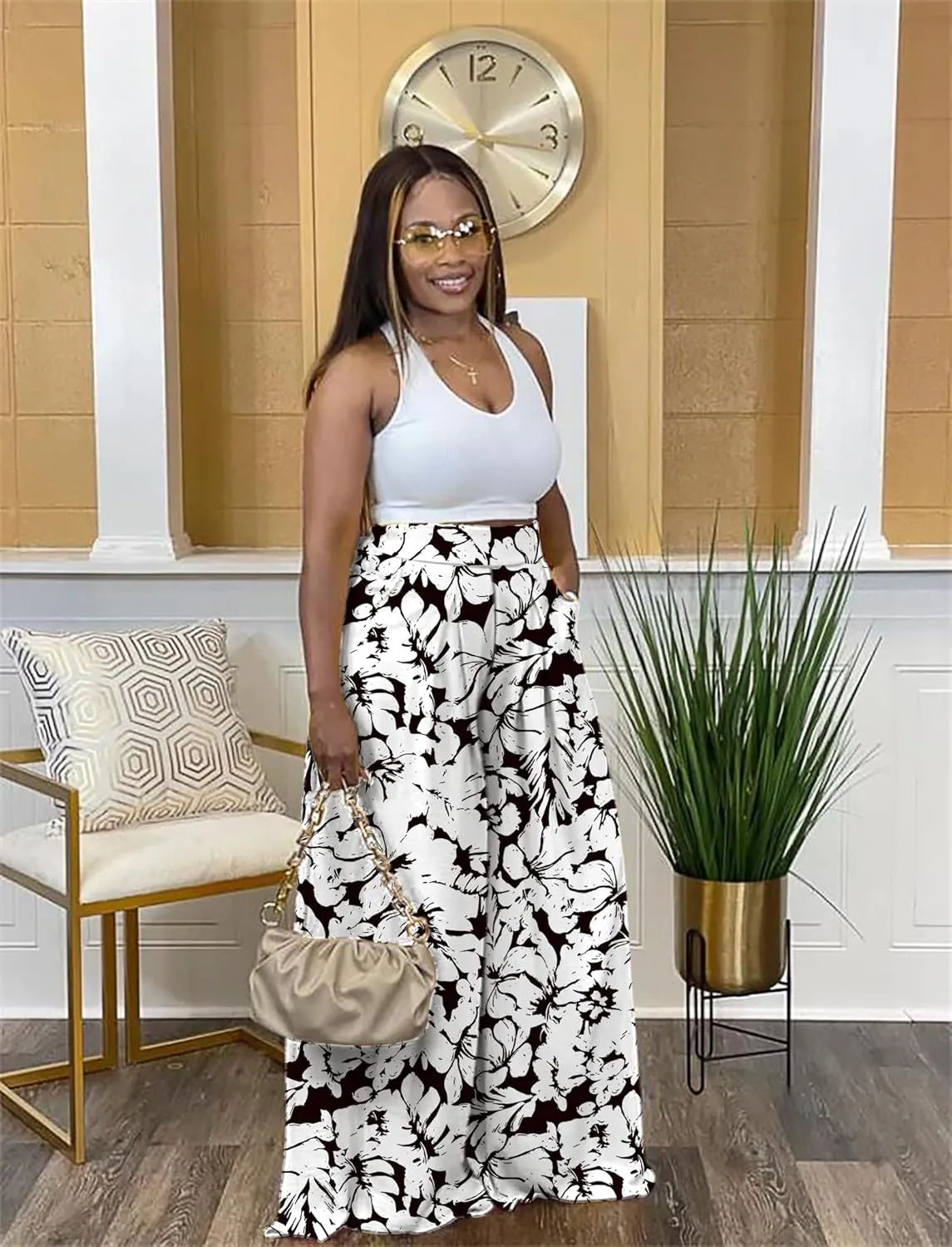 Flowy Pants for Women Casual High Waisted Wide Leg Palazzo Pants Trousers with Pocket Plus Size