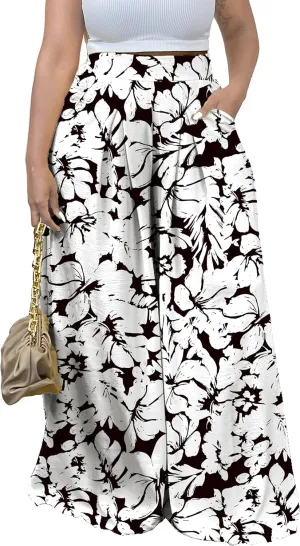 Flowy Pants for Women Casual High Waisted Wide Leg Palazzo Pants Trousers with Pocket Plus Size