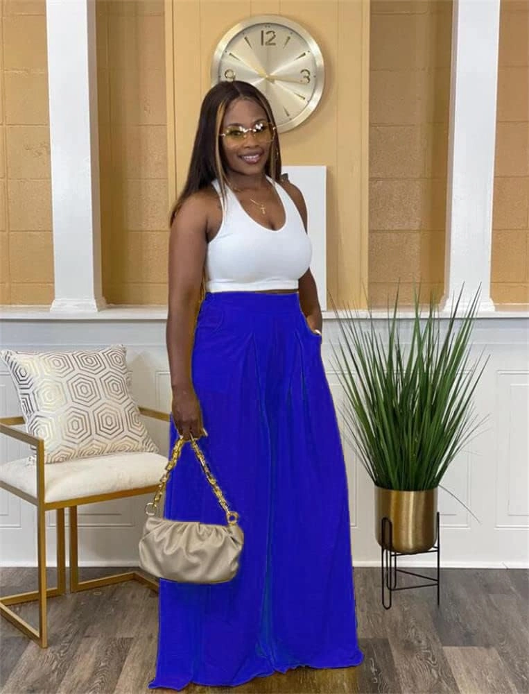 Flowy Pants for Women Casual High Waisted Wide Leg Palazzo Pants Trousers with Pocket Plus Size