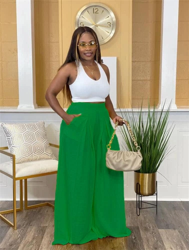 Flowy Pants for Women Casual High Waisted Wide Leg Palazzo Pants Trousers with Pocket Plus Size