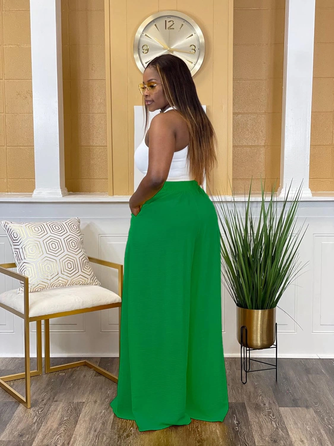 Flowy Pants for Women Casual High Waisted Wide Leg Palazzo Pants Trousers with Pocket Plus Size