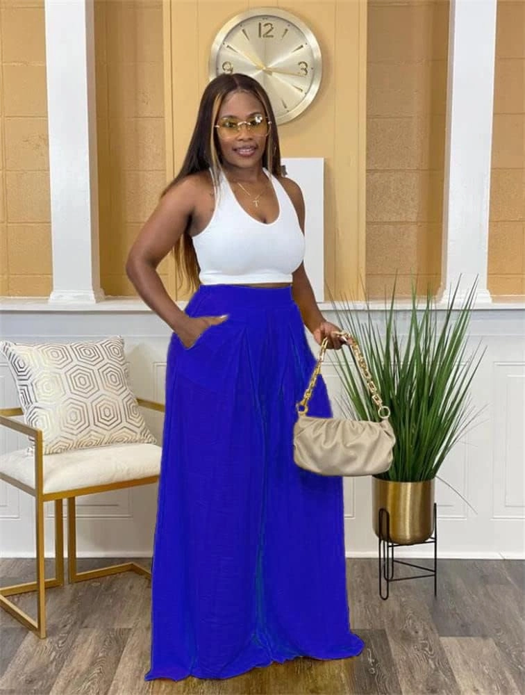 Flowy Pants for Women Casual High Waisted Wide Leg Palazzo Pants Trousers with Pocket Plus Size