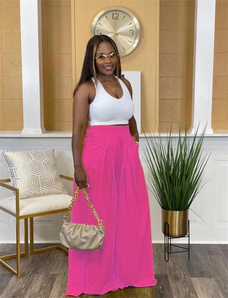 Flowy Pants for Women Casual High Waisted Wide Leg Palazzo Pants Trousers with Pocket Plus Size