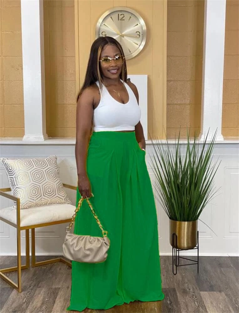 Flowy Pants for Women Casual High Waisted Wide Leg Palazzo Pants Trousers with Pocket Plus Size