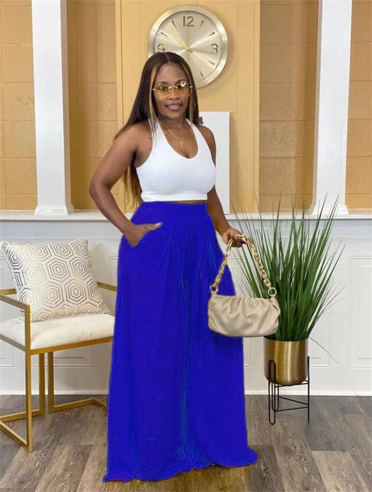 Flowy Pants for Women Casual High Waisted Wide Leg Palazzo Pants Trousers with Pocket Plus Size