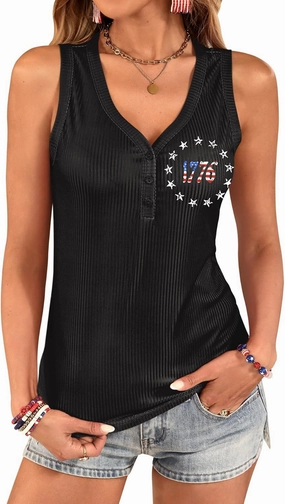 For G and PL Women's 4th of July Tank Top Knit Ribbed Patriotic American Flag Button V Neck Sleeveless Shirt