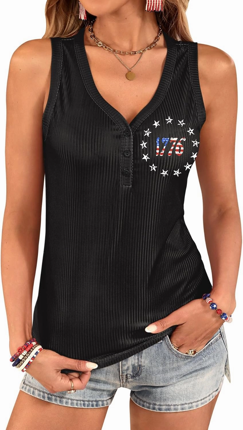 For G and PL Women's 4th of July Tank Top Knit Ribbed Patriotic American Flag Button V Neck Sleeveless Shirt