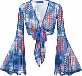 For G and PL Women Tie Front Bell Sleeve Rave Crop Tops Floral Print Hippie Mesh Sheer Shirt