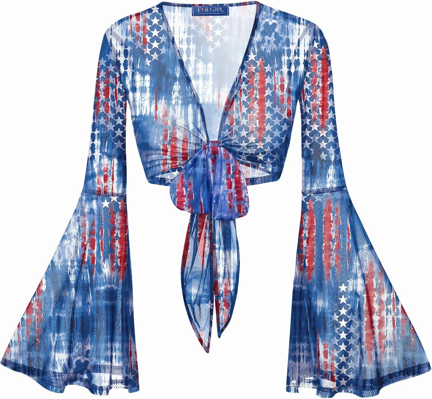 For G and PL Women Tie Front Bell Sleeve Rave Crop Tops Floral Print Hippie Mesh Sheer Shirt