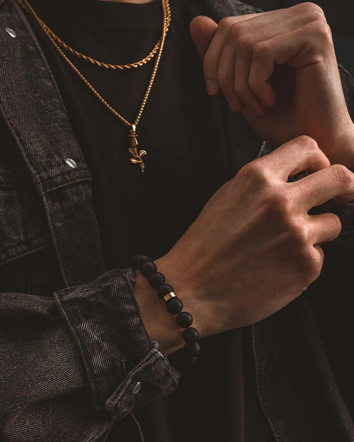 Forge & Foundry Men’s Matte Black Solid Onyx Beaded Bracelet | Polished 18K Gold-Plated, Polished Stainless Steel or Polished Black Signature Bead Options | Andalus