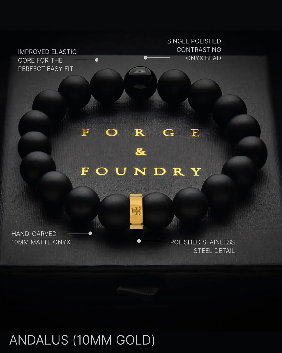 Forge & Foundry Men’s Matte Black Solid Onyx Beaded Bracelet | Polished 18K Gold-Plated, Polished Stainless Steel or Polished Black Signature Bead Options | Andalus
