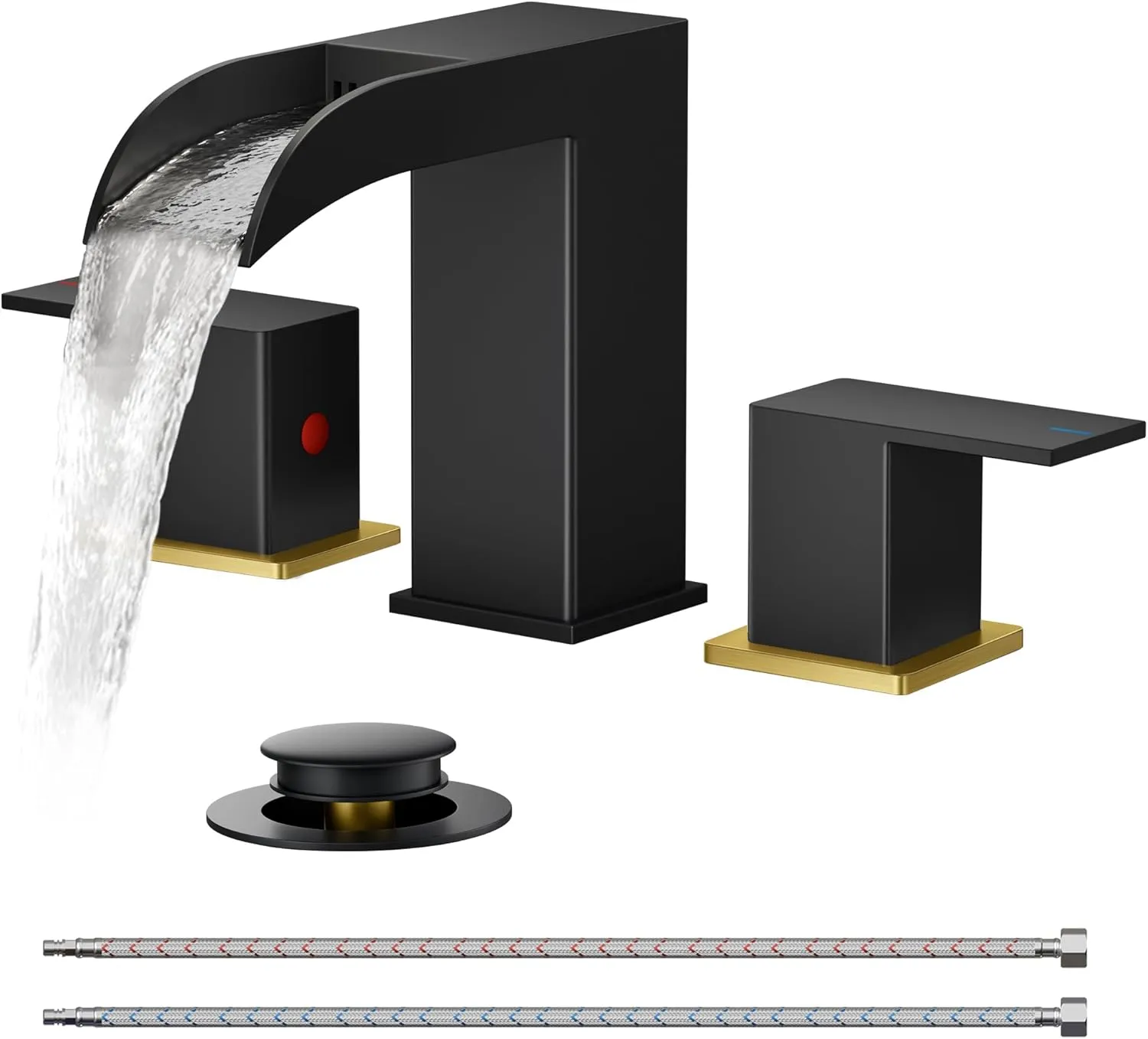 FORIOUS Square Black and Gold Bathroom Faucets 3 Hole, Waterfall 8 Inch Widespread Bathroom Sink Faucet with Metal Pop-up Drain and Supply Lines, Two Handles for Vanity, Laundry Room, Basin