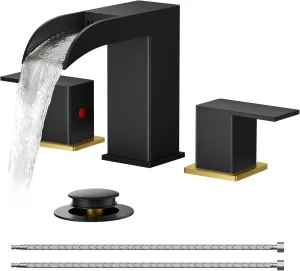 FORIOUS Square Black and Gold Bathroom Faucets 3 Hole, Waterfall 8 Inch Widespread Bathroom Sink Faucet with Metal Pop-up Drain and Supply Lines, Two Handles for Vanity, Laundry Room, Basin