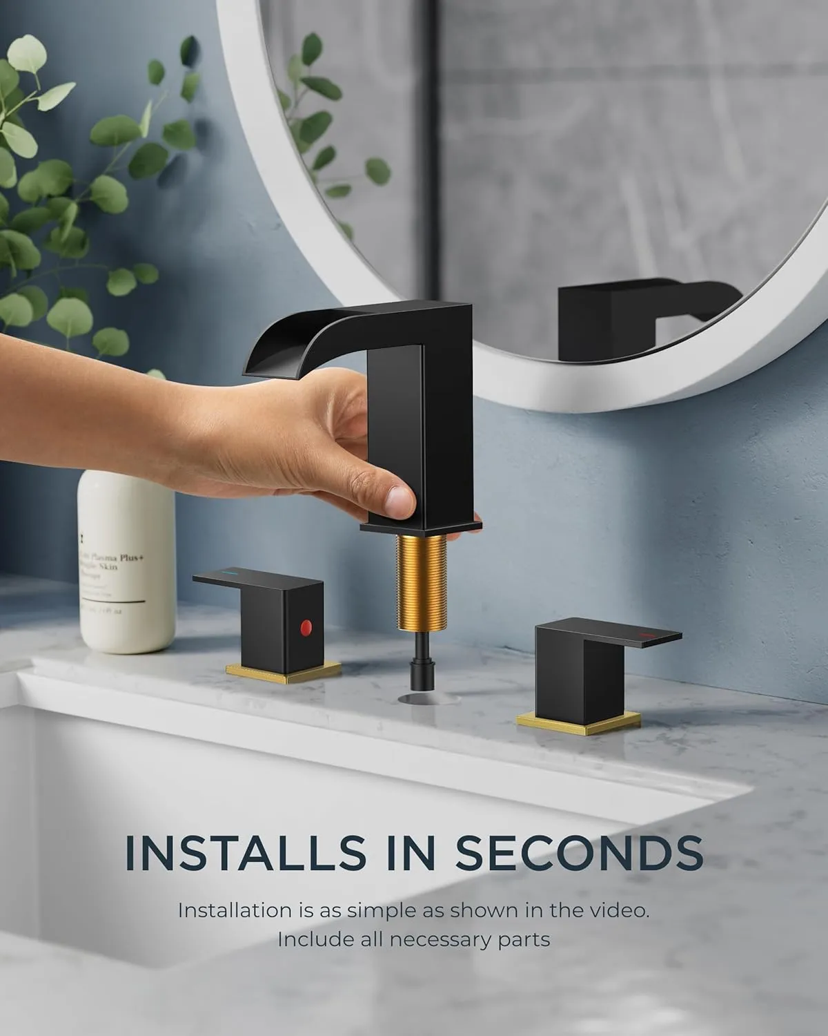 FORIOUS Square Black and Gold Bathroom Faucets 3 Hole, Waterfall 8 Inch Widespread Bathroom Sink Faucet with Metal Pop-up Drain and Supply Lines, Two Handles for Vanity, Laundry Room, Basin