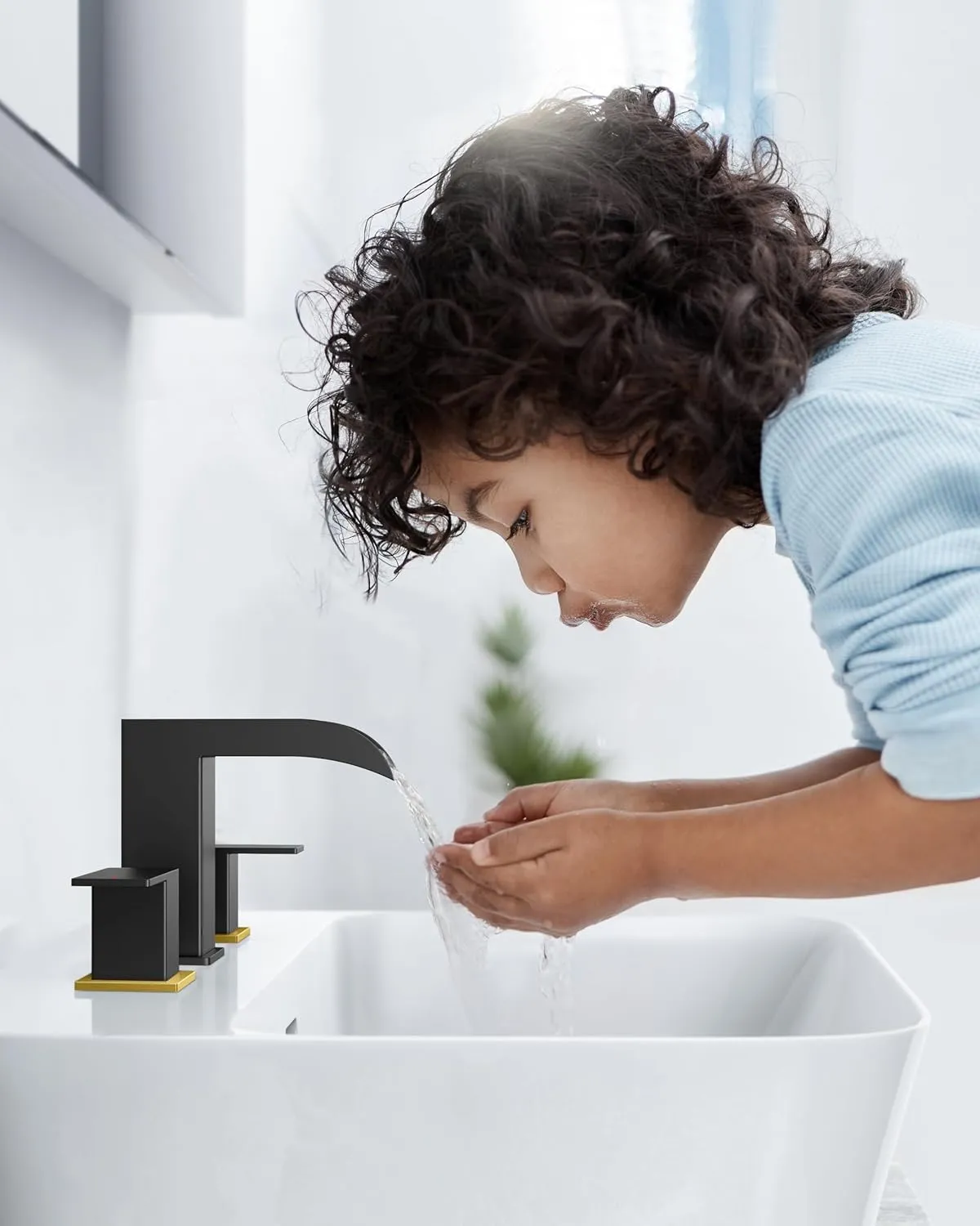 FORIOUS Square Black and Gold Bathroom Faucets 3 Hole, Waterfall 8 Inch Widespread Bathroom Sink Faucet with Metal Pop-up Drain and Supply Lines, Two Handles for Vanity, Laundry Room, Basin