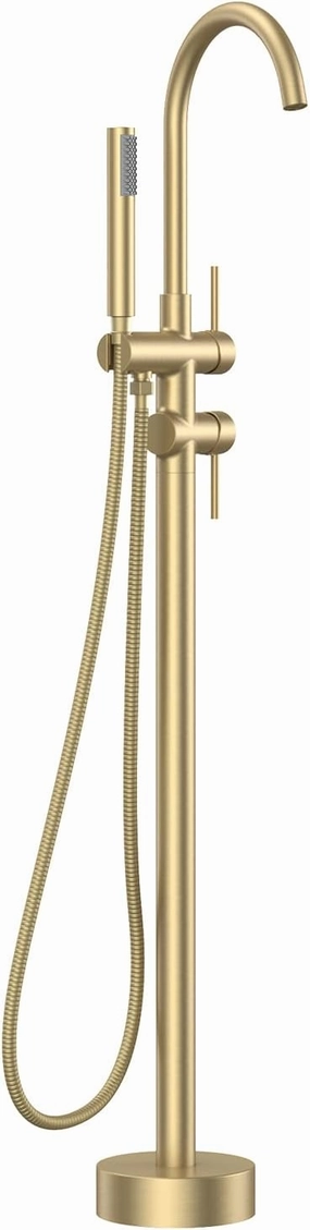 FORIOUS Free Standing Tub Faucet, Tub Filler Freestanding Bathtub Filler Floor Mount Brass Bath Shower Faucets Standing with High Flow Swivel Spout and Handheld Shower Mixer Taps, Brushed Gold