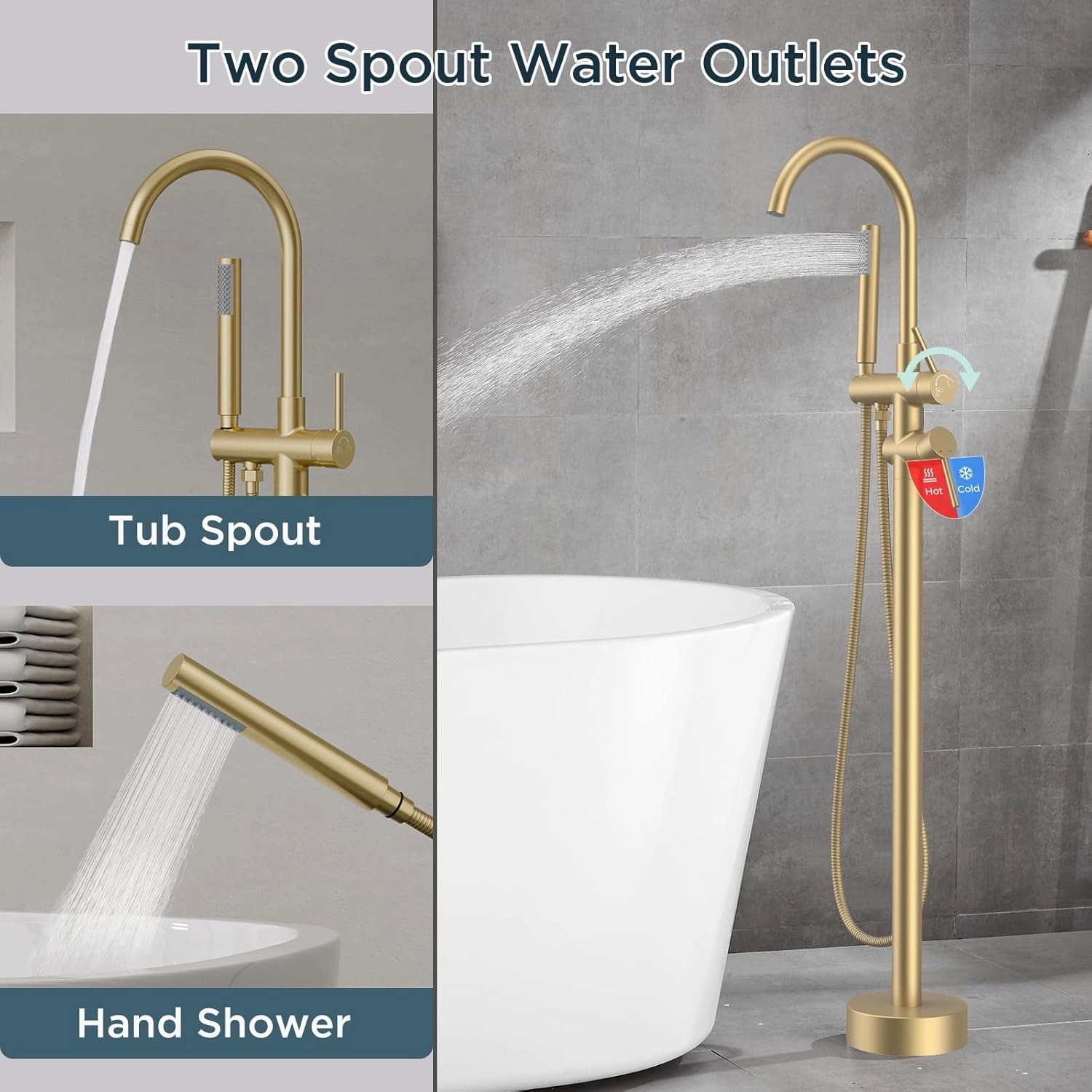 FORIOUS Free Standing Tub Faucet, Tub Filler Freestanding Bathtub Filler Floor Mount Brass Bath Shower Faucets Standing with High Flow Swivel Spout and Handheld Shower Mixer Taps, Brushed Gold