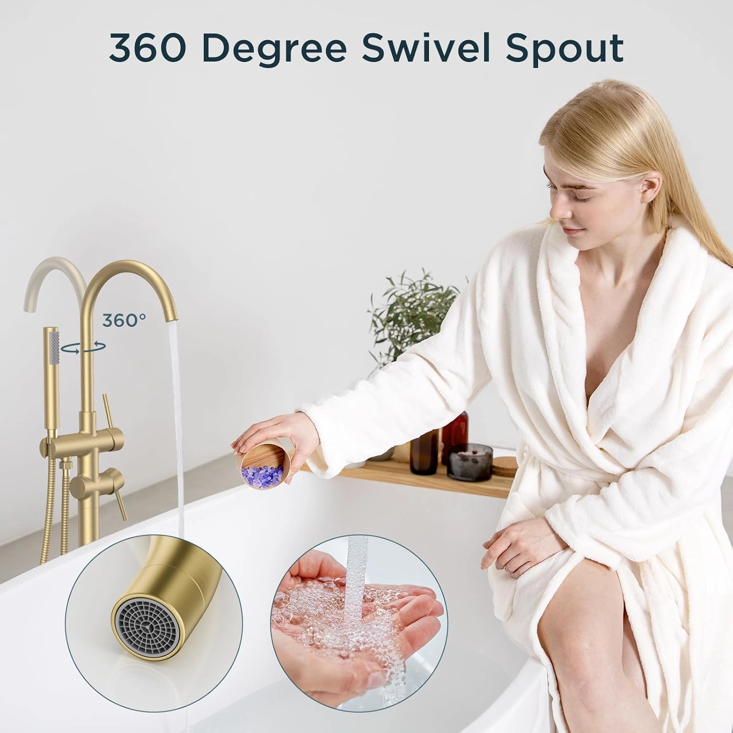 FORIOUS Free Standing Tub Faucet, Tub Filler Freestanding Bathtub Filler Floor Mount Brass Bath Shower Faucets Standing with High Flow Swivel Spout and Handheld Shower Mixer Taps, Brushed Gold