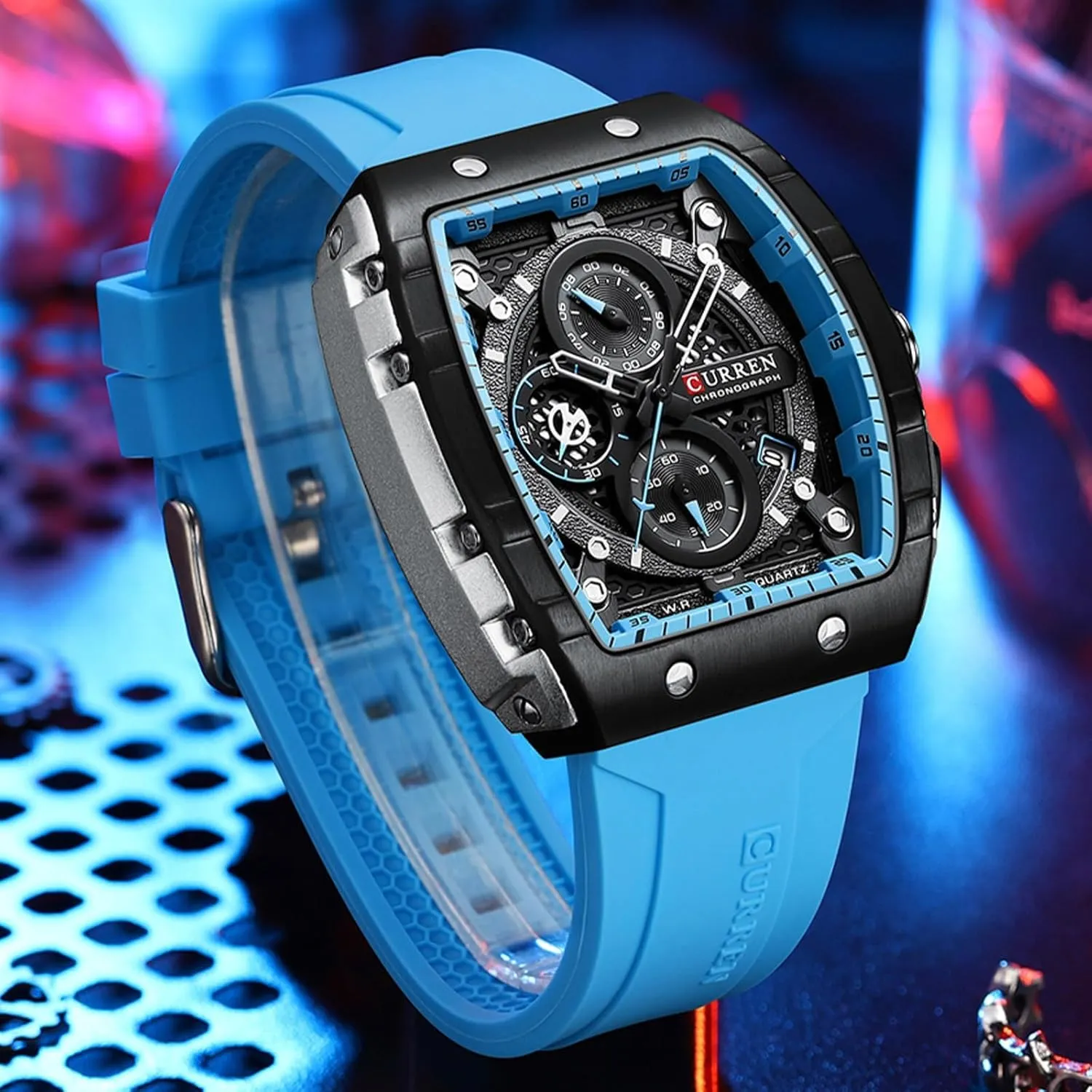 FORSINING Men Stylish Tonneau Quartz Sport Watch, Chronograph/Stopwatch with Date Display, Silicone Strap Waterproof Barrel-Shaped Wristwatch 6 Sporty Colors