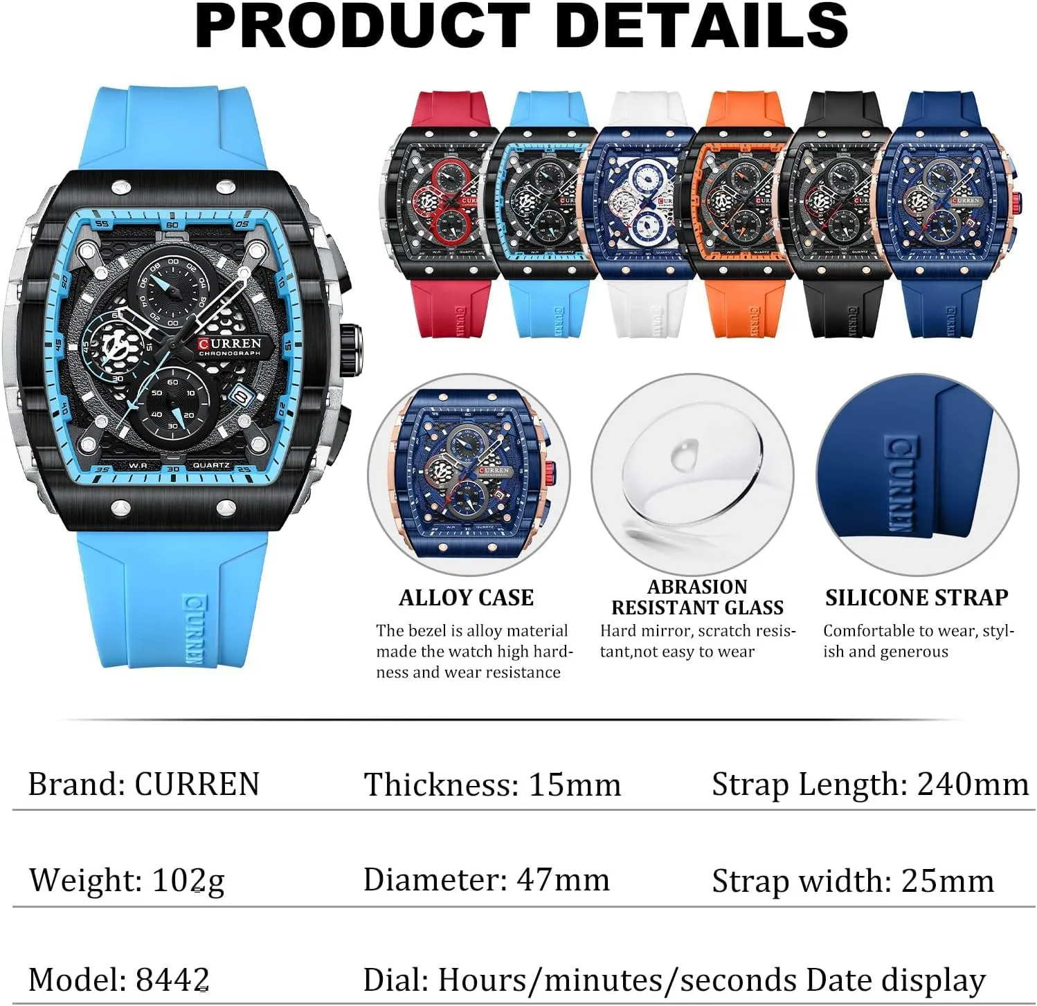 FORSINING Men Stylish Tonneau Quartz Sport Watch, Chronograph/Stopwatch with Date Display, Silicone Strap Waterproof Barrel-Shaped Wristwatch 6 Sporty Colors
