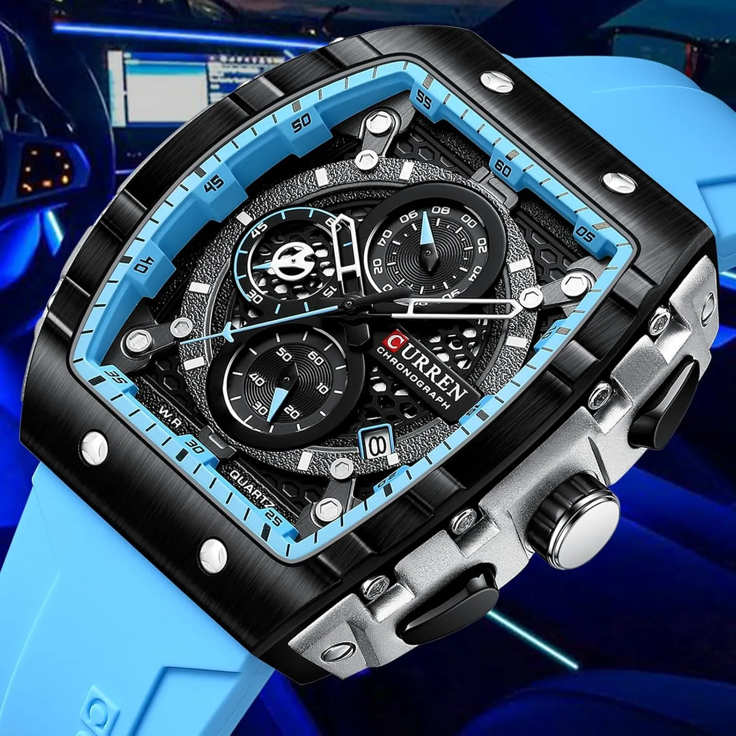 FORSINING Men Stylish Tonneau Quartz Sport Watch, Chronograph/Stopwatch with Date Display, Silicone Strap Waterproof Barrel-Shaped Wristwatch 6 Sporty Colors