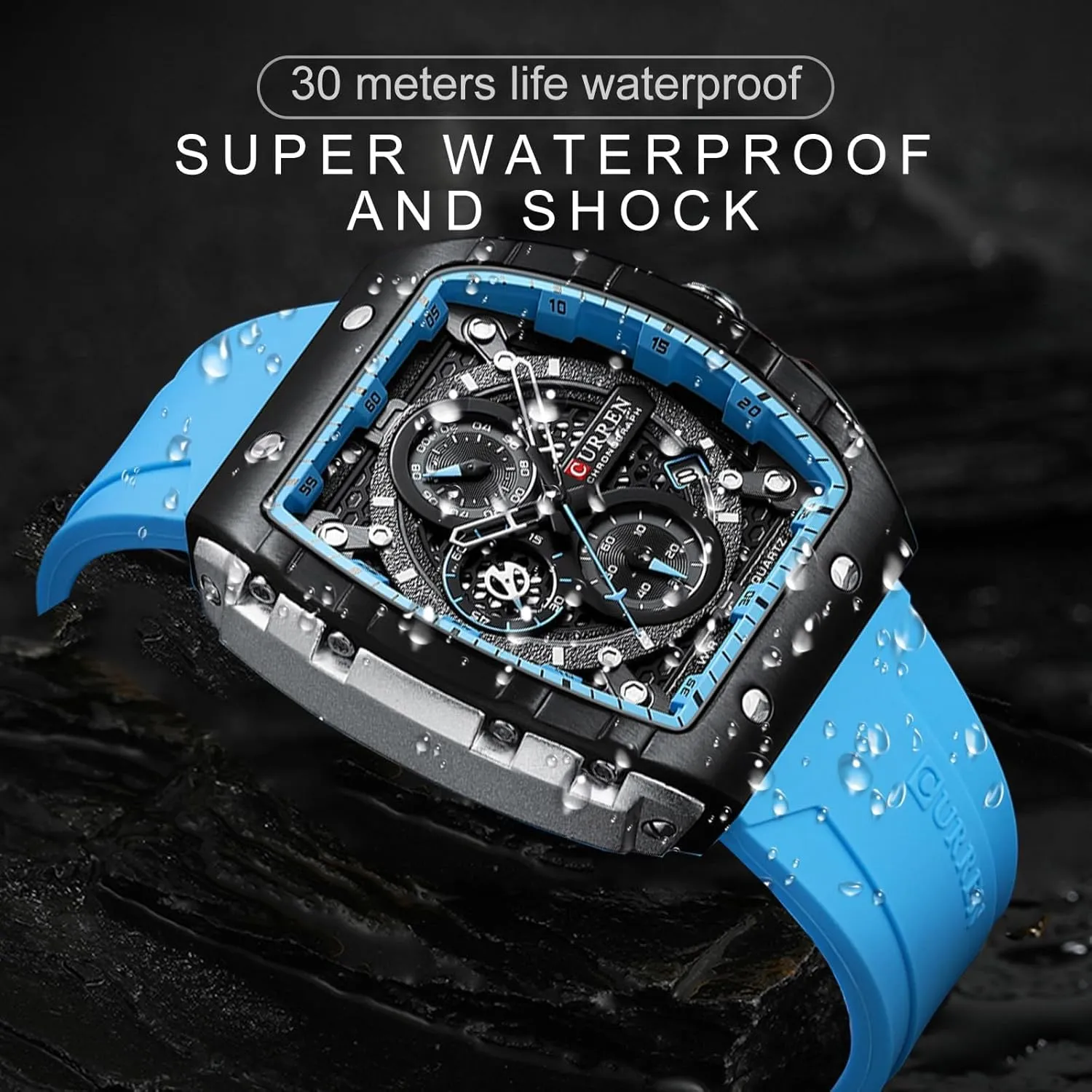 FORSINING Men Stylish Tonneau Quartz Sport Watch, Chronograph/Stopwatch with Date Display, Silicone Strap Waterproof Barrel-Shaped Wristwatch 6 Sporty Colors