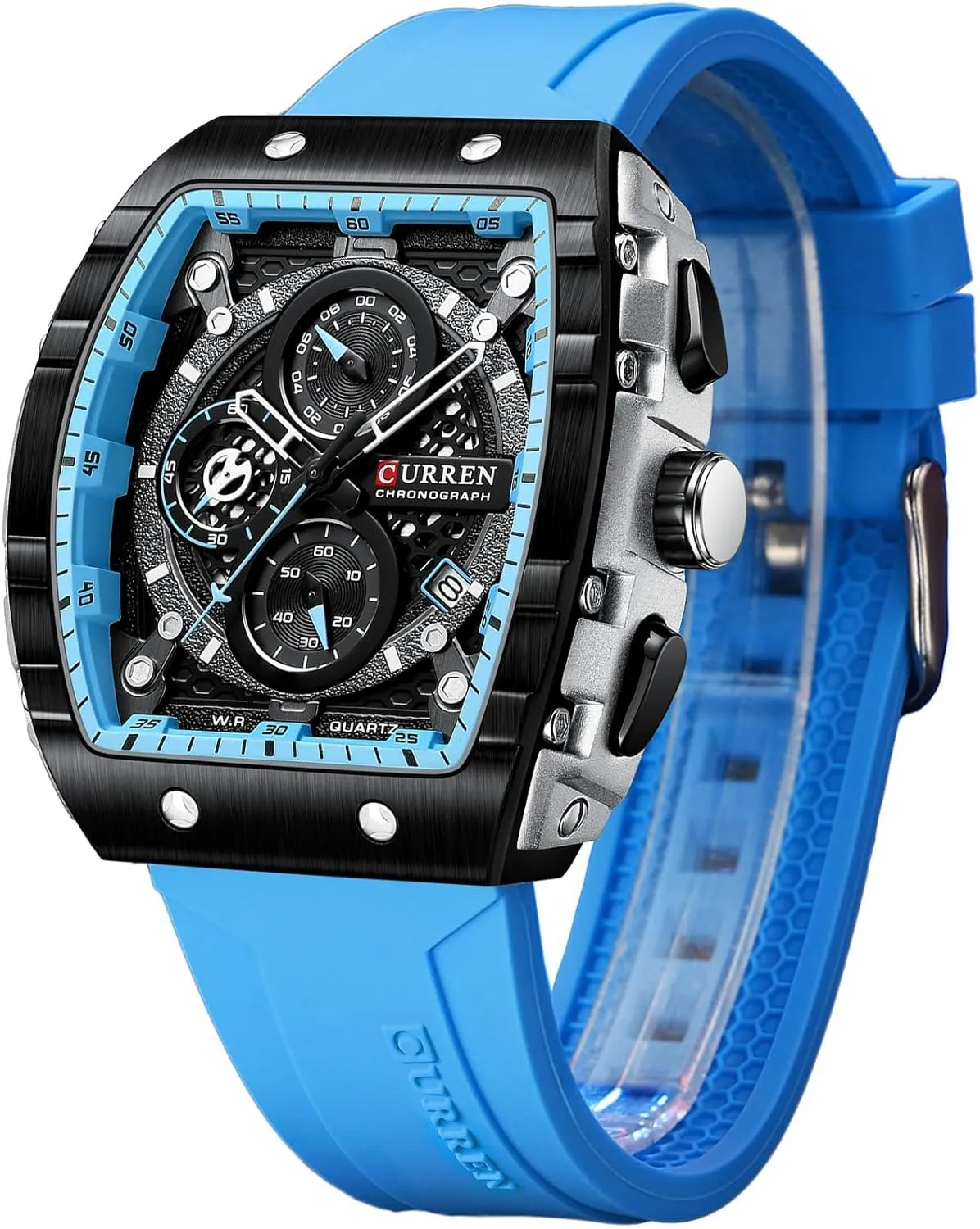 FORSINING Men Stylish Tonneau Quartz Sport Watch, Chronograph/Stopwatch with Date Display, Silicone Strap Waterproof Barrel-Shaped Wristwatch 6 Sporty Colors
