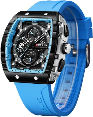 FORSINING Men Stylish Tonneau Quartz Sport Watch, Chronograph/Stopwatch with Date Display, Silicone Strap Waterproof Barrel-Shaped Wristwatch 6 Sporty Colors