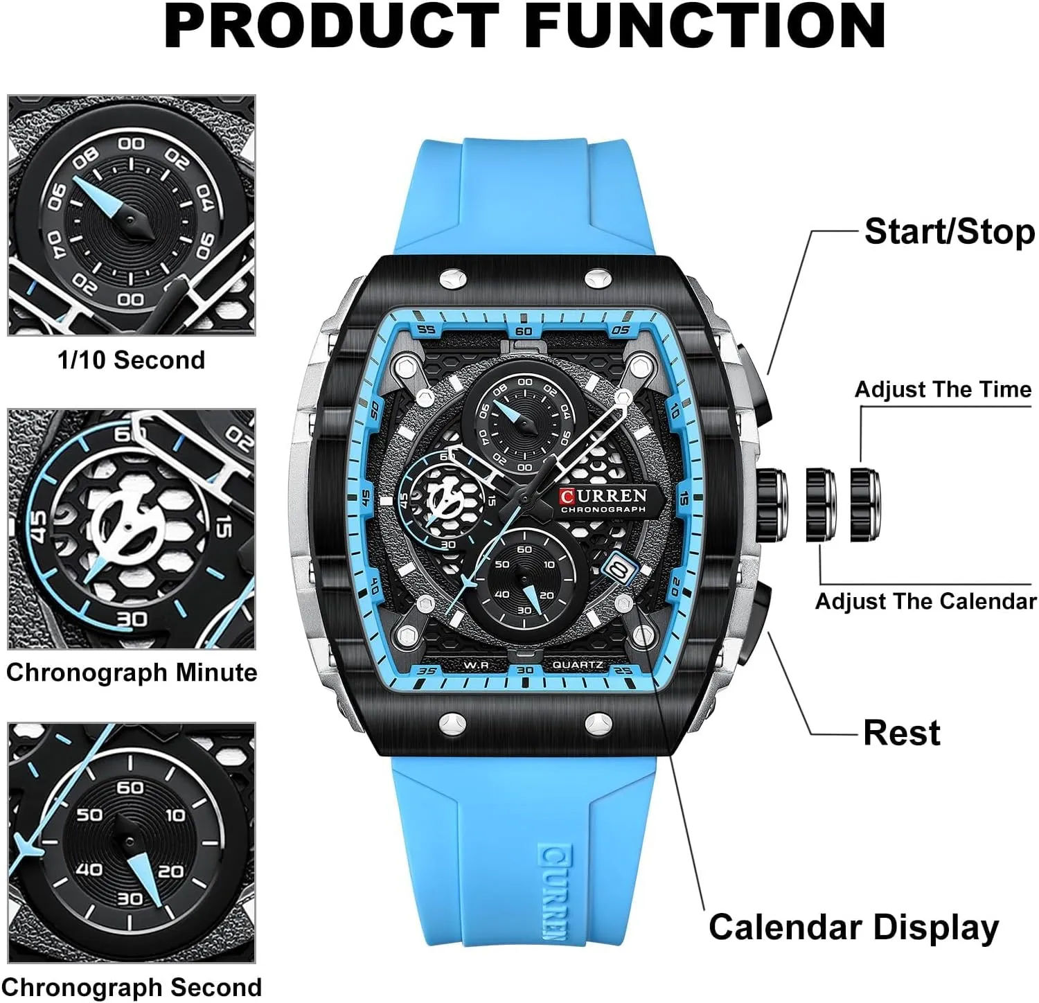 FORSINING Men Stylish Tonneau Quartz Sport Watch, Chronograph/Stopwatch with Date Display, Silicone Strap Waterproof Barrel-Shaped Wristwatch 6 Sporty Colors