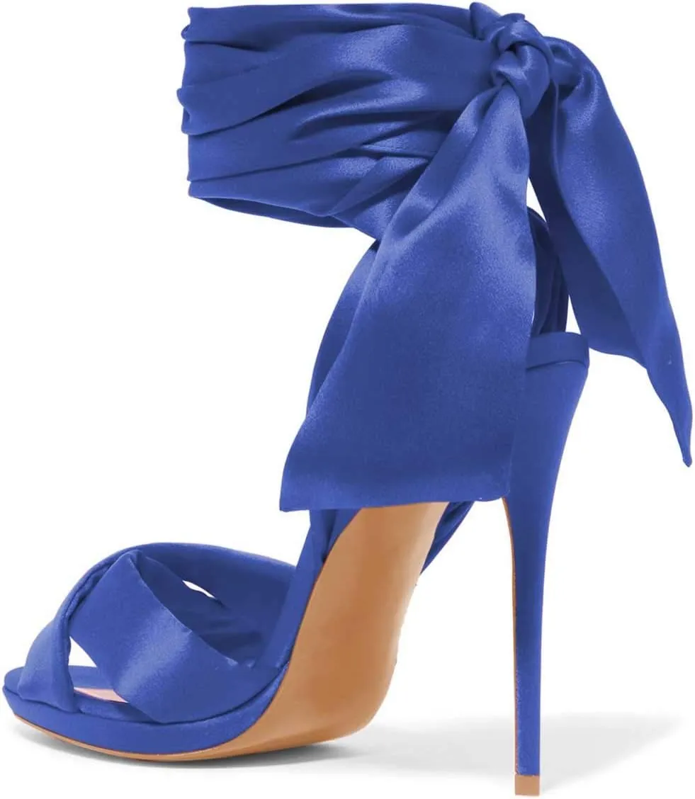 FSJ Women Cocktail Peep Toe Satin Lace Up Sandals Ankle Wrap Platform High Heels Party Sexy Shoes Size 4-15 US
