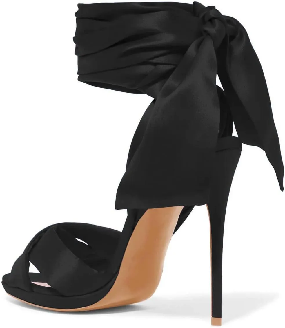 FSJ Women Cocktail Peep Toe Satin Lace Up Sandals Ankle Wrap Platform High Heels Party Sexy Shoes Size 4-15 US