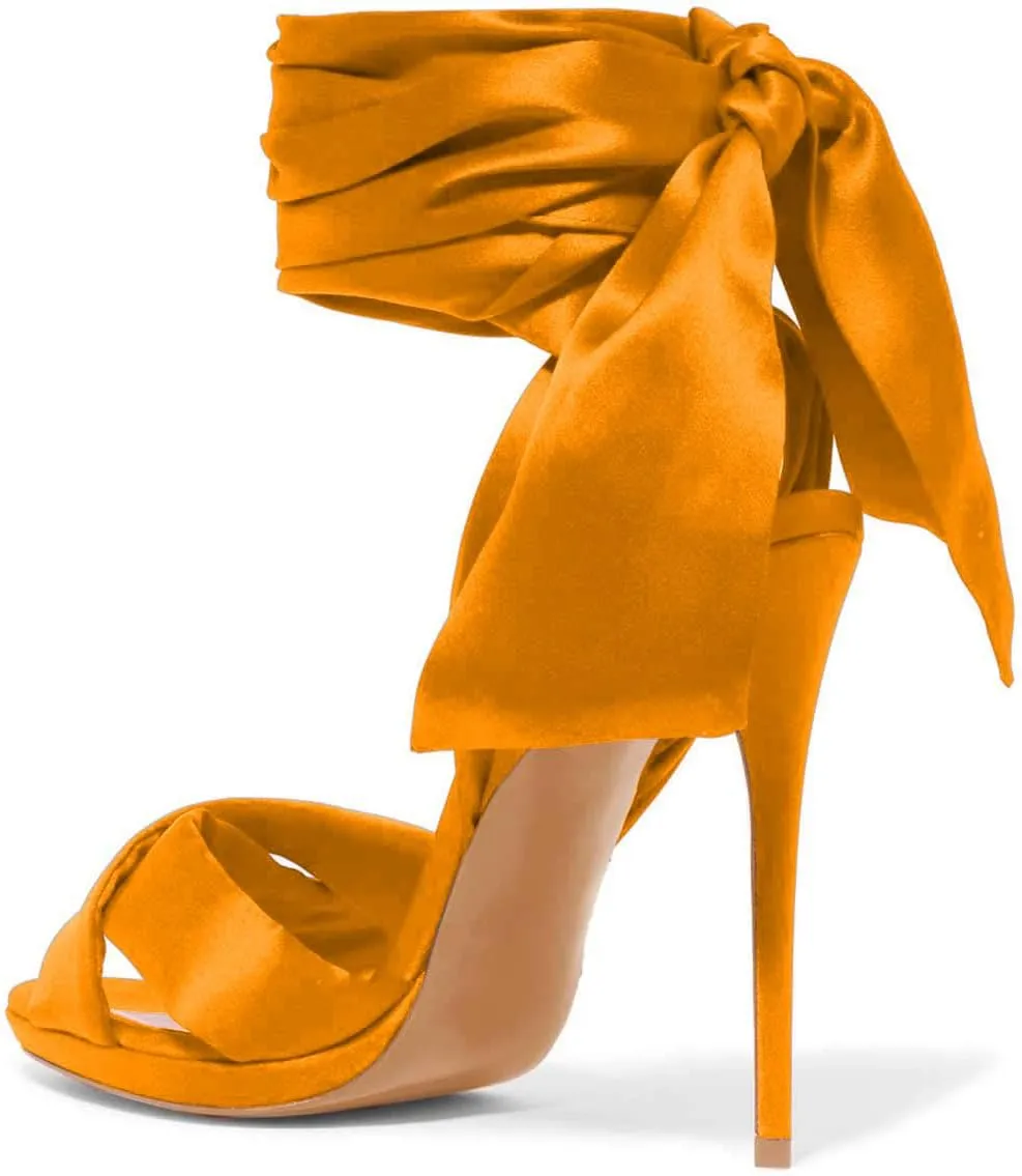 FSJ Women Cocktail Peep Toe Satin Lace Up Sandals Ankle Wrap Platform High Heels Party Sexy Shoes Size 4-15 US